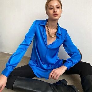 Y2K 90s Alternative Satin Button Down Top in Cobalt Blue, XS